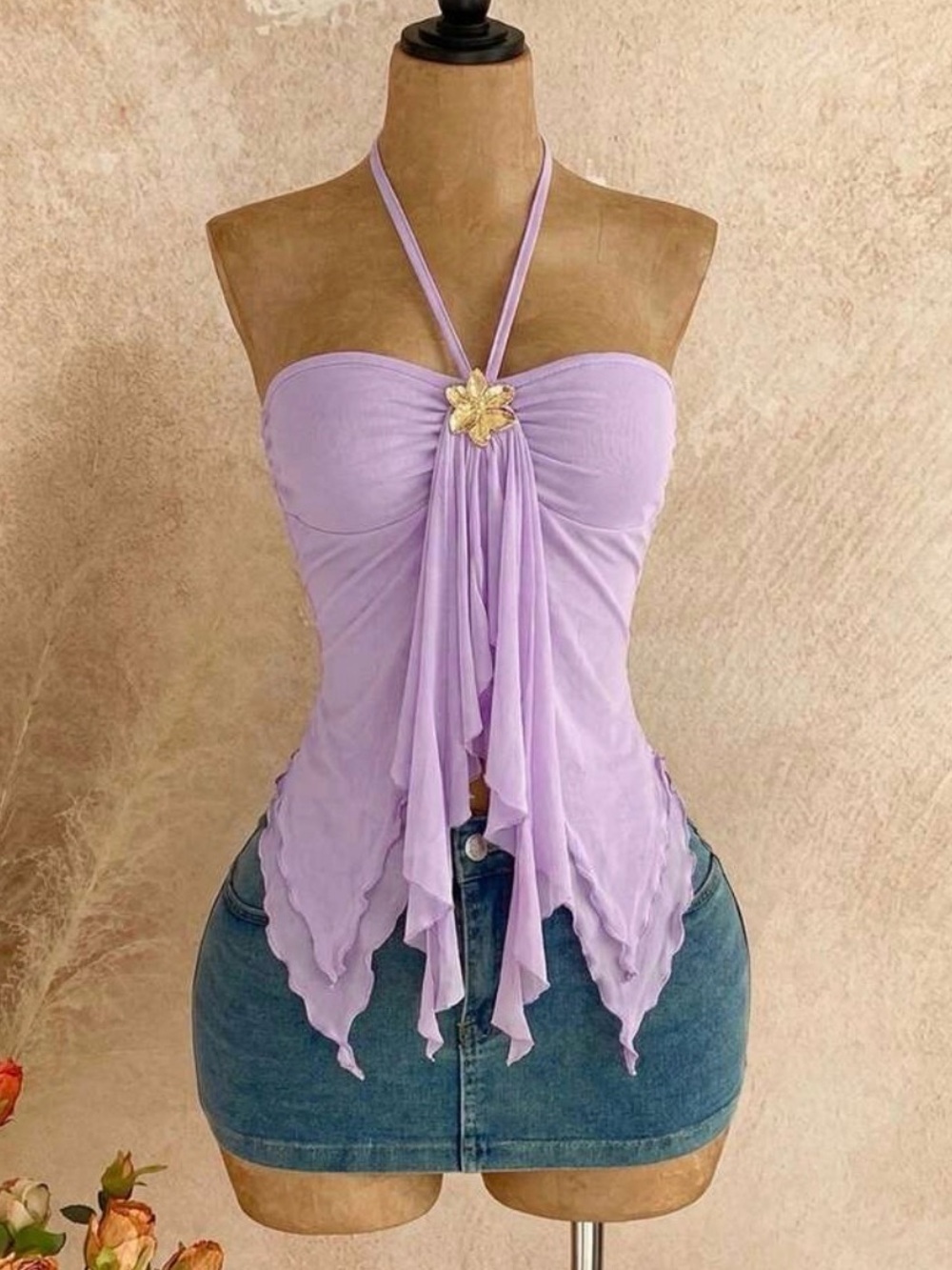 SHEIN Lavender Halter Scarf-Front Camisole with Gold Floral Accent
